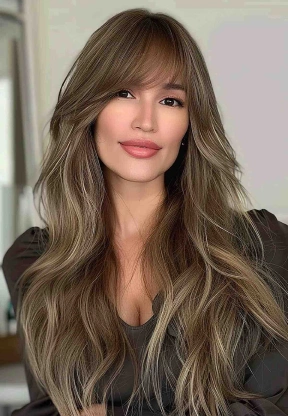 সাইড-সুইপ্ট ব্যাং সহ লম্বা চুল (Side-Swept Bangs with Long Hair)